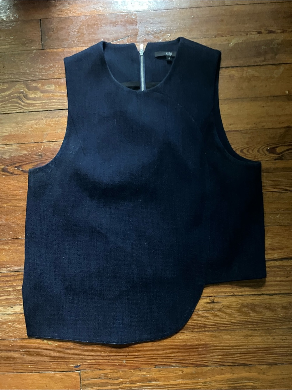 Tibi Sculpted Denim Curved Hem Sleeveless Top